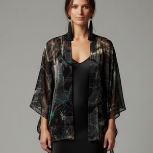 Citron Black Multicolor Chinoiserie Velvet Paper Crane Silk Sheer Kimono Jacket